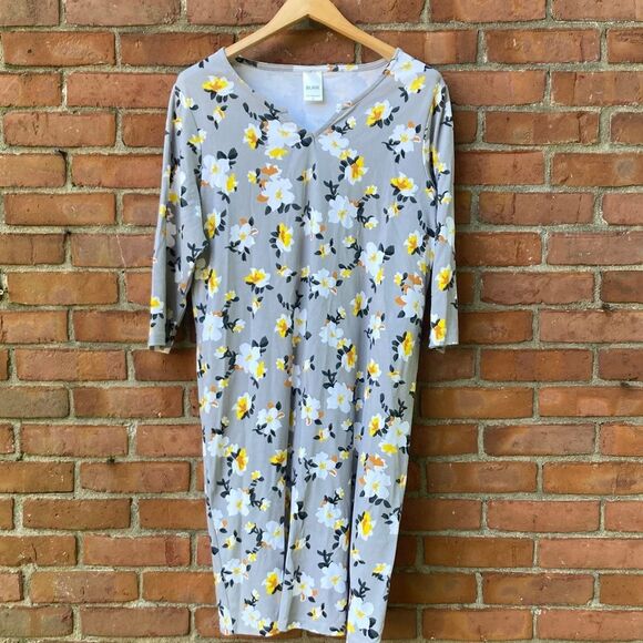 Blair Three Quarter Sleeve Floral Cotton Pull-over Dress- Yellow & Gray - Picture 1 of 5